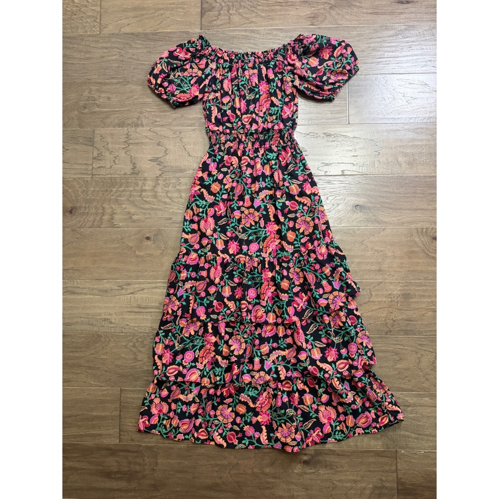 Knox Rose Womens XS Floral Tiered Midi Dress Black Pink Boho Puff Sleeve Smocked